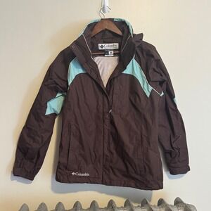 VTG Columbia Waterproof Outdoor Jacket Womens S Chocolate Brown Light Blue Hood